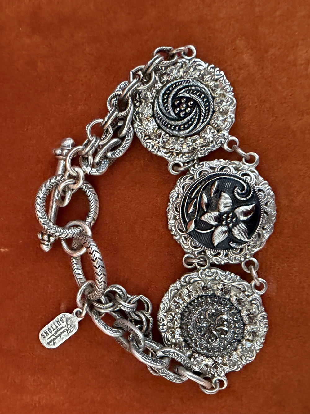 Grandmother's Buttons Bracelet Rhinestone in Silver Tone, Antique Vintage